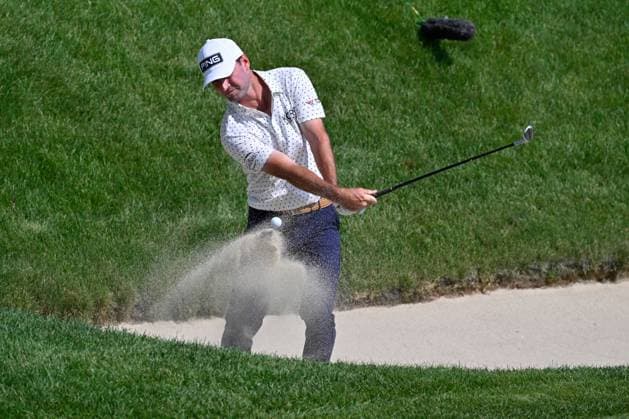 June 19, 2025: Austin Eckroat of Edmond, OK, hits his ball out of a green side bunker and into the cup on the fifteenth hole during the second round of the PGA, Golf Herren Travelers Championship golf tournament held at TPC River Highlands in Cromwell CT. Cal Media Cromwell USA - ZUMAc04_ 20250620_zma_c04_085 Copyright: xEricxCanhax