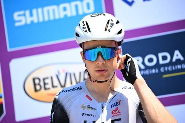 Baloise Belgium Tour 2025 Stage 4 DURBUY, BELGIUM - JUNE 21 : Vermeersch Florian (BEL) of UAE Team Emirates - XRG on stage before the start of the race during stage 4 of the 94th edition of Baloise Tour of Belgium an UCI ProSeries 2.Pro cycling road race stage for Men Elite of 173.4 km with start in Durbuy and finish in Durbuy on June 21, 2025 in Durbuy, Belgium, 21 06 2025 ( Motordriver Guy De Vuyst - Durbuy Belgium  Copyright: xTomasxSiskx