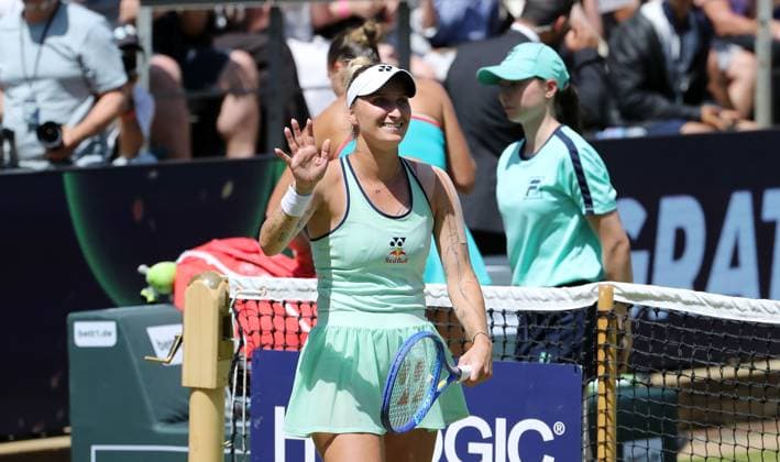 Marketa Vondrousova (CZE) jubelt nach Sieg gegen Aryna Sabalenka (BLR) im Steffi Graf Stadion Halbfinale HYLO Berlin Tennis Open Damen auf Rasen 21.06.2025