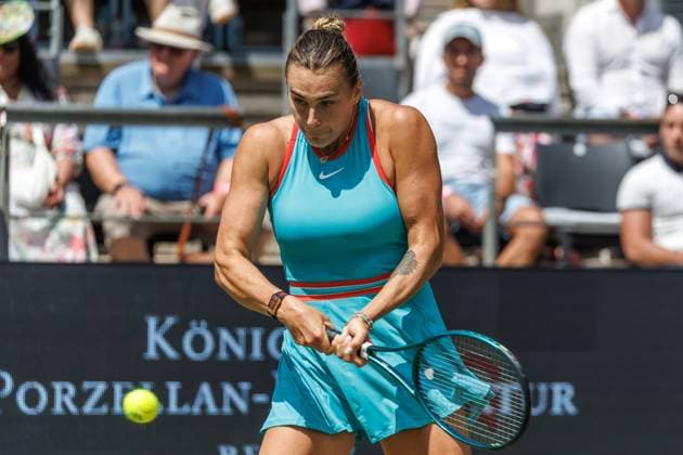 21.06.2025 Tennis: WTA, Tennis Damen Tour- Berlin, Einzel, Damen, Halbfinale, Marketa Vondrousova (CZE) - Samsonova (Russland), Steffi-Graf-Stadion. Aryna Sabalenka retourniert einen Ball. Tennis: WTA-Tour- Berlin