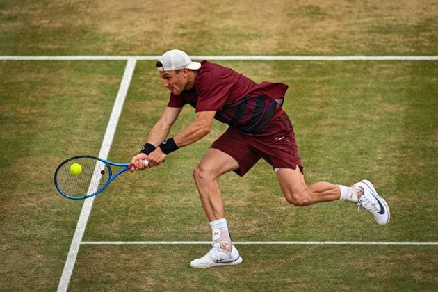 21st June 2025; HSBC Championships, Queens Club, West Kensington, London, England: HSBC Mens Championships Queens Club, Day 6; Jack Draper (GBR) hits a backhand in his semi final match against Jiri Lehecka (CZE)  ActionPlus12803520 GodfreyxPitt