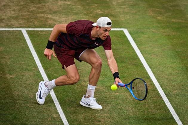 21st June 2025; HSBC Championships, Queens Club, West Kensington, London, England: HSBC Mens Championships Queens Club, Day 6; Jack Draper (GBR) hits a volley in his semi final match against Jiri Lehecka (CZE)  ActionPlus12803527 GodfreyxPitt