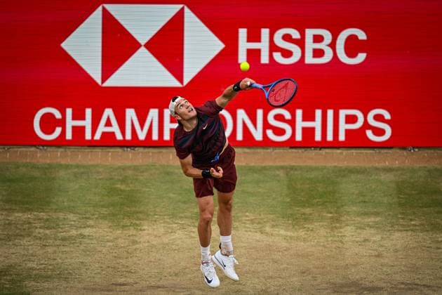 21st June 2025; HSBC Championships, Queens Club, West Kensington, London, England: HSBC Mens Championships Queens Club, Day 6; Jack Draper (GBR) serves in his semi final match against Jiri Lehecka (CZE)  ActionPlus12803528 GodfreyxPitt
