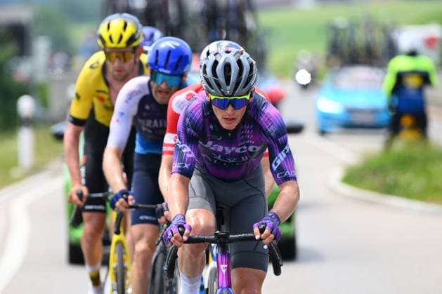 Tour de Suisse 2025 Stage 7 EMMETTEN, SWITZERLAND - JUNE 21 : Engelhardt Felix (GER) of Team Jayco AlUla leading the escape pack during stage 7 of the 88th edition of Tour de Suisse an UCI World Tour 2.UWT cycling road race stage for Men Elite of 207.3 km with start in Neuhausen am Rheinfall and finish in Emmetten on June 21, 2025 in Emmetten, Switzerland, 21 06 2025 ( Motordriver Kenny Verfaillie - Emmetten Switzerland  Copyright: xVincentxKalutx