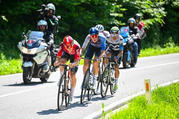 Baloise Belgium Tour 2025 Stage 4 DURBUY, BELGIUM - JUNE 21 : Berckmoes Jenno (BEL) of Lotto Cycling Team leading the escape pack, Frigo Marco (ITA) of Israel - Premier Tech, Baroncini Filippo (ITA) of UAE Team Emirates - XRG, Aular Orluis (VEN) of Movistar Team in the escape pack during stage 4 of the 94th edition of Baloise Tour of Belgium an UCI ProSeries 2.Pro cycling road race stage for Men Elite of 173.4 km with start in Durbuy and finish in Durbuy on June 21, 2025 in Durbuy, Belgium, 21 06 2025 ( Motordriver Guy De Vuyst - Durbuy Belgium  Copyright: xTomasxSiskx