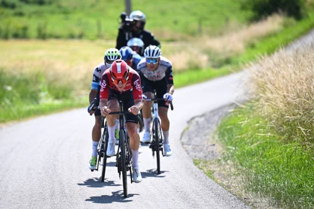 Baloise Belgium Tour 2025 Stage 4 DURBUY, BELGIUM - JUNE 21 : Berckmoes Jenno (BEL) of Lotto Cycling Team leading the escape pack during stage 4 of the 94th edition of Baloise Tour of Belgium an UCI ProSeries 2.Pro cycling road race stage for Men Elite of 173.4 km with start in Durbuy and finish in Durbuy on June 21, 2025 in Durbuy, Belgium, 21 06 2025 ( Motordriver Guy De Vuyst - Durbuy Belgium  Copyright: xTomasxSiskx