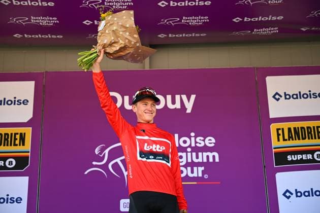Baloise Belgium Tour 2025 Stage 4 DURBUY, BELGIUM - JUNE 21 : Berckmoes Jenno (BEL) of Lotto Cycling Team on the podium during stage 4 of the 94th edition of Baloise Tour of Belgium an UCI ProSeries 2.Pro cycling road race stage for Men Elite of 173.4 km with start in Durbuy and finish in Durbuy on June 21, 2025 in Durbuy, Belgium, 21 06 2025 ( Motordriver Guy De Vuyst - Durbuy Belgium  Copyright: xTomasxSiskx