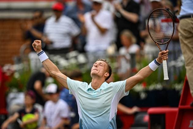 21st June 2025; HSBC Championships, Queens Club, West Kensington, London, England: HSBC Mens Championships Queens Club, Day 6; Jiri Lehecka (CZE) celebrates winning the semi final match against Jack Draper (GBR)  ActionPlus12803578 GodfreyxPitt
