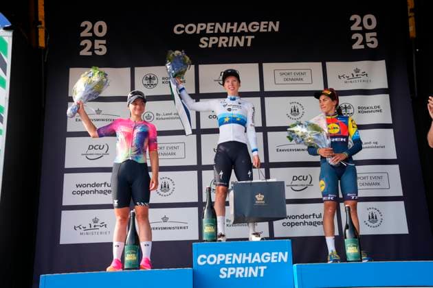 Cycling: Copenhagen Sprint - Womens Race Dutch European Champion Lorena Wiebes (SD Worx) on the podium with Italian Elisa Balsamo (Lidl-Trek) and Italian Chiara Consonni (Canyon-SRAM) after the women s Cycling World Tour race Copenhagen Sprint starting in Roskilde and finishing in Copenhagen, Denmark, Saturday June 21, 2025. (Photo: Ida Marie Odgaard Scanpix 2025) , Roskilde-Copenhagen Denmark Copyright: IdaxMariexOdgaardx spdk20250621-173358-L
