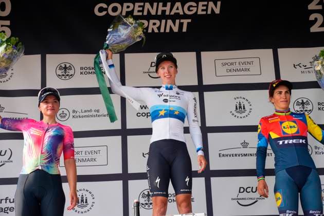 Cycling: Copenhagen Sprint - Womens Race Dutch European Champion Lorena Wiebes (SD Worx) on the podium with Italian Elisa Balsamo (Lidl-Trek) and Italian Chiara Consonni (Canyon-SRAM) after the women s Cycling World Tour race Copenhagen Sprint starting in Roskilde and finishing in Copenhagen, Denmark, Saturday June 21, 2025. (Photo: Ida Marie Odgaard Scanpix 2025) , Roskilde-Copenhagen Denmark Copyright: IdaxMariexOdgaardx spdk20250621-173323-L