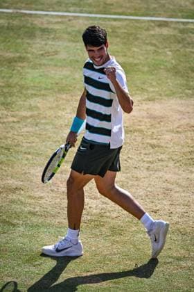 21st June 2025; HSBC Championships, Queens Club, West Kensington, London, England: HSBC Mens Championships Queens Club, Day 6; Carlos Alcaraz (ESP) celebrates winning the semi final match against Roberto Bautista Agut (ESP)  ActionPlus12803851 GodfreyxPitt