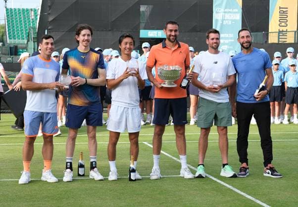 21st June 2025; Lexus Nottingham Tennis Centre, Nottingham, England; Lexus Nottingham Open, Day 6; men singles champion Marin Cilic and runner up Shintaro Mochhizuki, mens doubles winners Santiago Gonzalez and Austin Krajicek and runners up Fernando Romboli and John Patrick Smith  ActionPlus12803865 PaulxBonser