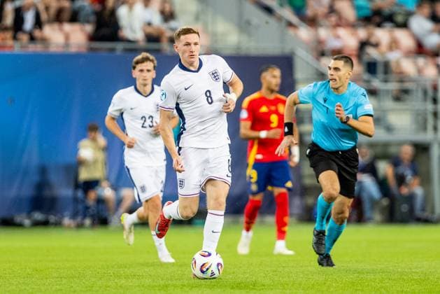 SPAIN U21, U 21 - ENGLAND U21 Elliot Anderson of England during the UEFA European Under-21 Championship 2025 Quarterfinal football match between Spain U21 and England U21. Stadium City Arena, Trnava, Slovakia, June 21, 2025. Photo by Branislav Racko Copyright: xx 080A1890