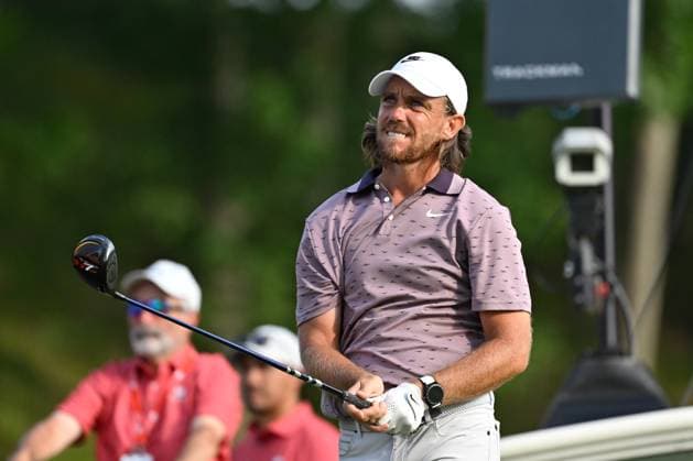 June 21, 2025: Tommy Fleetwood of Southport, England, watches the flight of his ball on the 18th hole during the third round of the PGA, Golf Herren Travelers Championship golf tournament held at TPC River Highlands in Cromwell CT. Cal Media Cromwell USA - ZUMAc04_ 20250621_zma_c04_011 Copyright: xEricxCanhax