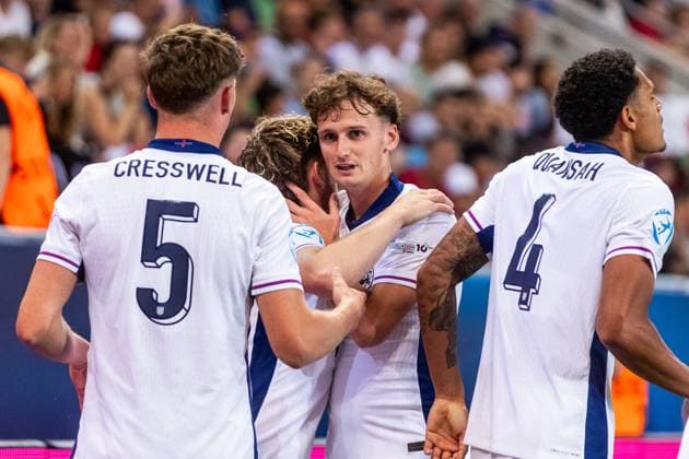SPAIN U21, U 21 - ENGLAND U21 Tyler Morton of England celebrates a goal with his teammates during the UEFA European Under-21 Championship 2025 Quarterfinal football match between Spain U21 and England U21. Stadium City Arena, Trnava, Slovakia, June 21, 2025. Photo by Branislav Racko Copyright: xx _BRR2810