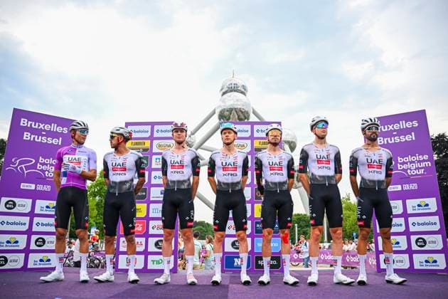 Baloise Belgium Tour 2025 Stage 5 BRUSSEL, BELGIUM - JUNE 22 : Team UAE Team Emirates - XRG on stage before the start of the race during stage 5 of the 94th edition of Baloise Tour of Belgium an UCI ProSeries 2.Pro cycling road race stage for Men Elite of 183.2 km with start in Brussel and finish in Brussel on June 22, 2025 in Brussel, Belgium, 22 06 2025 ( Motordriver Guy De Vuyst - Brussel Belgium  Copyright: xTomasxSiskx