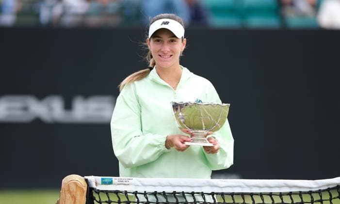 22nd June 2025; Lexus Nottingham Tennis Centre, Nottingham, England; Lexus Nottingham Open, Day 7; McCartney Kessler (USA) with the trophy after winning the Nottingham open womens singles defeating Dayana Yastremska 6-4 7-5  ActionPlus12804238 PaulxBonser