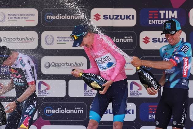 1 - Jakob Omrzel (Bahrain Victorious Development Team) 2 - Luke Tuckwell (Red Bull - Bora - Hansgrohe Rookies) a 12 3 - Pavel Novak (MBH Bank Ballan CSB) a 35 during the stage 8 of the Giro Next Gen 2025, from Pinerolo (To) to Pinerolo (To), 147 km, Italy - Sunday, June 22, 2025. - cycling.  Copyright: xGianxMattiaxD Alberto LaPressex