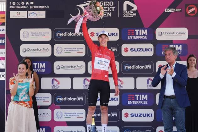 Aubin Sparfel Decathlon AG2R La Mondiale Development Team Red Jersey during the stage 8 of the Giro Next Gen 2025, from Pinerolo (To) to Pinerolo (To), 147 km, Italy - Sunday, June 22, 2025. - cycling.  Copyright: xGianxMattiaxD Alberto LaPressex
