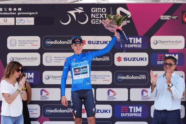 Lorenzo Mark Finn (Red Bull - Bora - Hansgrohe Rookies) Blue Jersey during the stage 8 of the Giro Next Gen 2025, from Pinerolo (To) to Pinerolo (To), 147 km, Italy - Sunday, June 22, 2025. - cycling.  Copyright: xGianxMattiaxD Alberto LaPressex