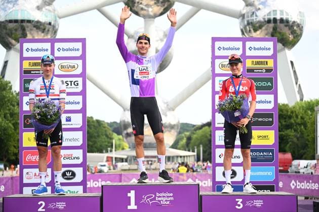 Baloise Belgium Tour 2025 Stage 5 BRUSSEL, BELGIUM - JUNE 22 : Hayter Ethan (GBR) of Soudal - Quick Step, Berckmoes Jenno (BEL) of Lotto Cycling Team, Baroncini Filippo (ITA) of UAE Team Emirates - XRG on the podium during stage 5 of the 94th edition of Baloise Tour of Belgium an UCI ProSeries 2.Pro cycling road race stage for Men Elite of 183.2 km with start in Brussel and finish in Brussel on June 22, 2025 in Brussel, Belgium, 22 06 2025 ( Motordriver Guy De Vuyst - Brussel Belgium  Copyright: xTomasxSiskx