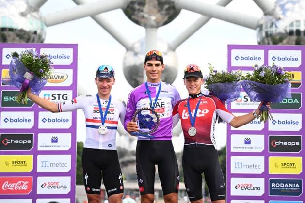 Baloise Belgium Tour 2025 Stage 5 BRUSSEL, BELGIUM - JUNE 22 : Hayter Ethan (GBR) of Soudal - Quick Step, Berckmoes Jenno (BEL) of Lotto Cycling Team, Baroncini Filippo (ITA) of UAE Team Emirates - XRG on the podium during stage 5 of the 94th edition of Baloise Tour of Belgium an UCI ProSeries 2.Pro cycling road race stage for Men Elite of 183.2 km with start in Brussel and finish in Brussel on June 22, 2025 in Brussel, Belgium, 22 06 2025 ( Motordriver Guy De Vuyst - Brussel Belgium  Copyright: xTomasxSiskx