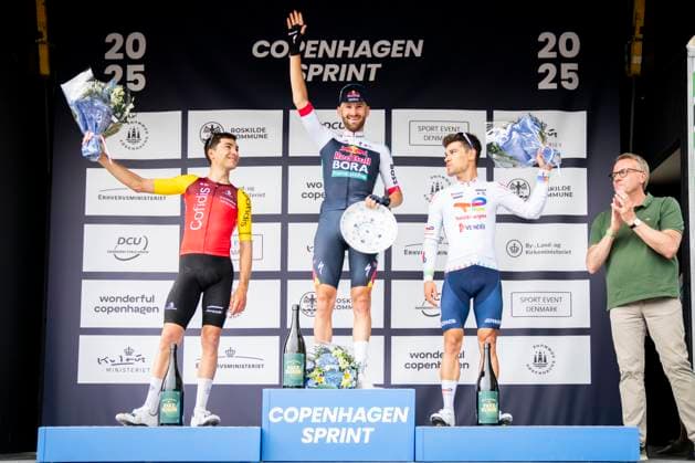 Cycling: World Tour Race Copenhagen Sprint Winner Jordi Meeus (Red Bull - Bora - Hansgrohe), Alexis Renard (Cofidis) and Emilien Jeanniere (Totalenergies) on the podium after the men s World Tour race Copenhagen from Roskilde to Copenhagen on Sunday, June 22, 2025. (Photo: Ida Marie Odgaard Ritzau Scanpix) , Copenhagen Denmark Copyright: RitzauxScanpix IdaxMariexOdgaardx spdk20250622-175156-L
