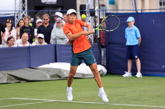 22nd June 2025; Devonshire Park, Eastbourne, East Sussex, England: Lexus International Eastbourne, Qualifying Day 2; Chun-Hsin Tseng (TPE) plays a backhand shot against Mattia Bellucci (ITA)  ActionPlus12804343 HongboxChen