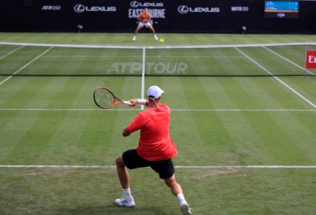 22nd June 2025; Devonshire Park, Eastbourne, East Sussex, England: Lexus International Eastbourne, Qualifying Day 2; Billy Harris (GBR) plays a forehand shot against George Loffhagen (GBR)  ActionPlus12804320 HongboxChen