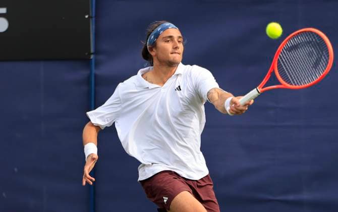 22nd June 2025; Devonshire Park, Eastbourne, East Sussex, England: Lexus International Eastbourne, Qualifying Day 2; Mattia Bellucci (ITA) plays a forehand shot against Chun-Hsin Tseng (TPE)  ActionPlus12804346 HongboxChen