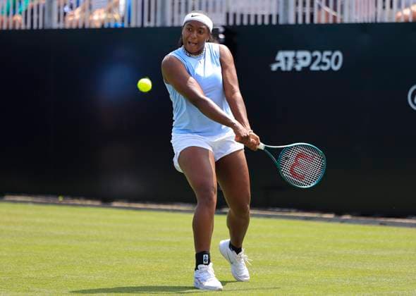 22nd June 2025; Devonshire Park, Eastbourne, East Sussex, England: Lexus International Eastbourne, Qualifying Day 2; Hailey Baptiste (USA) plays a backhand shot against Alexandra Eala (PHI)  ActionPlus12804303 HongboxChen