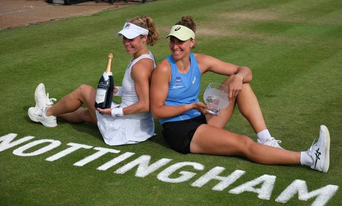 22nd June 2025; Lexus Nottingham Tennis Centre, Nottingham, England; Lexus Nottingham Open, Day 7; Nottingham open womens doubles winners Beatriz Haddad Maia and Laura Siegemund with their trophies, Beatriz Haddad Maia and Laura Siegemund won Anna Danilina and Ena Shibahara 6-3 6-2  ActionPlus12804372 PaulxBonser