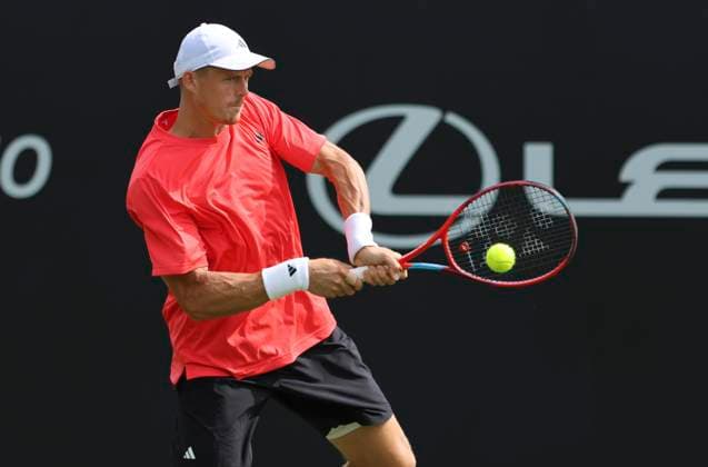 22nd June 2025; Devonshire Park, Eastbourne, East Sussex, England: Lexus International Eastbourne, Qualifying Day 2; Billy Harris (GBR) returns to George Loffhagen (GBR)  ActionPlus12804453 HongboxChen