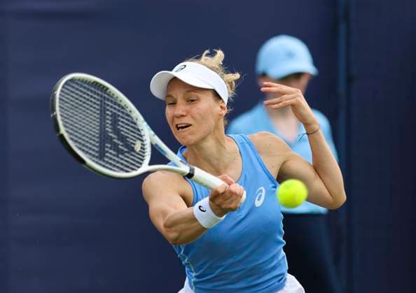 22nd June 2025; Devonshire Park, Eastbourne, East Sussex, England: Lexus International Eastbourne, Qualifying Day 2; Viktorija Golubic (SUI) plays a forehand shot against Varvara Gracheva (FRA)  ActionPlus12804466 HongboxChen