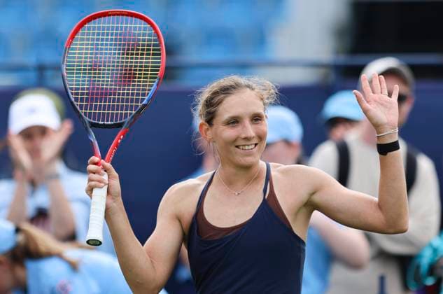 22nd June 2025; Devonshire Park, Eastbourne, East Sussex, England: Lexus International Eastbourne, Qualifying Day 2; Varvara Gracheva (FRA) celebrates her victory after defeating Viktorija Golubic (SUI)  ActionPlus12804473 HongboxChen
