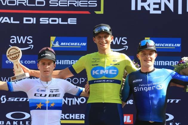 22nd June 2025, Val di Sole, Trentino, Italy; UCI Mountain Bike World Cup, Day 3; Podium for winners Finn Treudler (SUI), Rens Teunissen Van Manen (NED), Benjamin Kruger (GER)  ActionPlus12804493 PierrexTeyssot