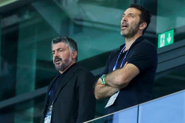 Nationaltrainer Gennaro Gattuso (Italy) und Gianluigi Buffon (Italy) stehen auf der Tribuene, UEFA European Under-21 Championship 2025 Quarter-Final, Germany v Italy, MOL Arà na am 22. June 2025 in Dunajska Streda, Slowakei. (Foto von Marco Steinbrenner DeFodi Images) Nationaltrainer Gennaro Gattuso (Italy) und Gianluigi Buffon (Italy) stand on the tribune, UEFA European Under-21 Championship 2025 Quarter-Final, Germany v Italy, MOL Arà na, June 22, 2025 in Dunajska Streda, Slovakia. (Photo by Marco Steinbrenner DeFodi Images)