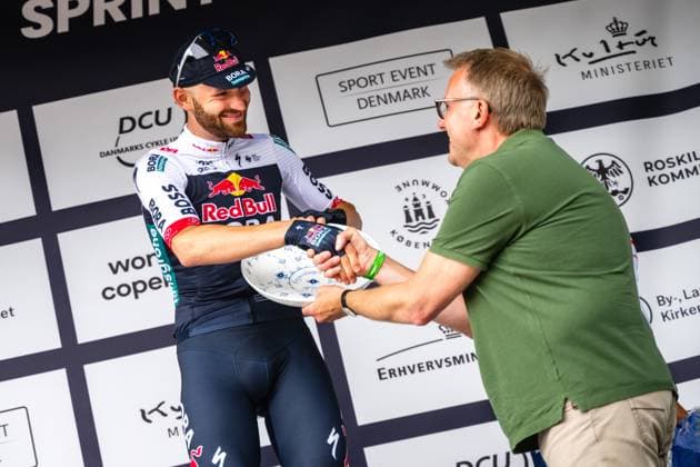 Copenhagen Sprint 2025, UCI World Tour cycling Copenhagen, Denmark. 22nd, June 2025. Jordi Meeus (Red Bull-Bora-Hansgrohe) seen on the podium as the winner of the UCI World Tour race Copenhagen Sprint 2025. Denmark, Copenhagen  Copyright: xGonzalesxPhoto TobiasxJorgensenx