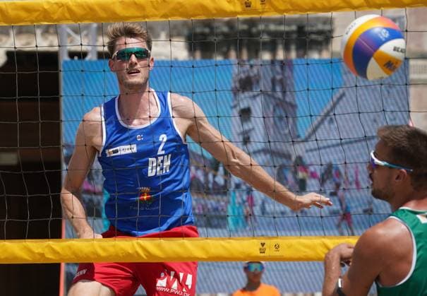 Volleyball World Beach Tour Futures Messina Mollgaard and Houmann (DEN) play against Hopt and Pfretzschner (GER) in the final for third place in the men s tournament at the Volleyball World Beach Pro Tour Futures in Messina, Italy, on June 22, 2025. Messina Italy  Copyright: xGabrielexMaricchiolox originalFilename:maricchiolo-volleyba250622_npTkC.jpg