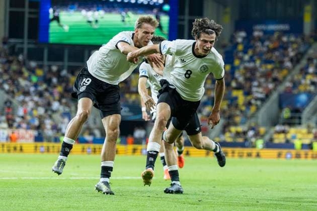 UEFA U21, U 21 Europameisterschaft, Viertelfinale: Deutschland - Italien; 22.06.2025 Jubel nach dem Tor durch Merlin Röhl (Deutschland, 8) bei der UEFA U21-Europameisterschaft im Viertelfinalspiel Deutschland - Italien, am 22.06.2025, DAC Arena, Dunajska Streda, Slowakei Copyright: xBEAUTIFULxSPORTS Meuselx