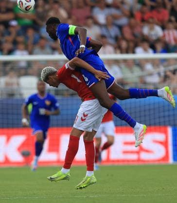 22.06.2025 Presov(Slovakia) Denmark- France 1 4 final U21, U 21 U-21 Under-21 European men s football championship William Osula(L) Denmark,Chrislain Matsima(R) France :