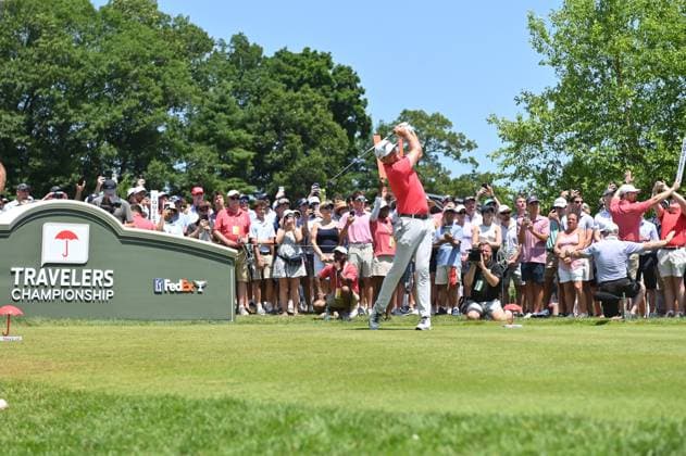 June 22, 2025: Keegan Bradley hits his tee shot on the first hole during the final round of the Travelers Golf Championship in Cromwell, Connecticut. CSM Cromwell USA - ZUMAc04_ 20250622_zma_c04_103 Copyright: xGregoryxVasilx