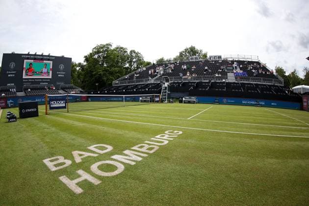 Bad Homburg am 23.06.2025 Tennis Damen Turnier WTA, Tennis Damen 500 Bad Homburg Open powered by Solarwatt 2025 v.l., Symbolfoto, Symbolbild: Center Court, Innenansicht, Schriftzug BAD HOMBURG Copyright: JoaquimxFerreira