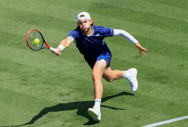 23rd June 2025; Devonshire Park, Eastbourne, East Sussex, England; Lexus International Eastbourne, Day 1; Zizou Bergs (BEL) plays a forehand shot against Joao Fonseca (BRA)  ActionPlus12804659 HongboxChen