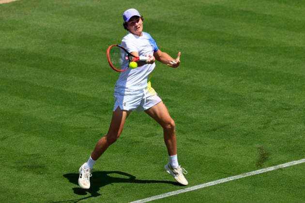 23rd June 2025; Devonshire Park, Eastbourne, East Sussex, England; Lexus International Eastbourne, Day 1; Joao Fonseca (BRA) plays a forehand shot against Zizou Bergs (BEL)  ActionPlus12804667 HongboxChen