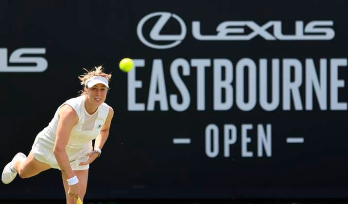23rd June 2025; Devonshire Park, Eastbourne, East Sussex, England; Lexus International Eastbourne, Day 1; Anastasia Pavlyuchenkova serves to Viktoriya Tomova (BUL)  ActionPlus12804647 HongboxChen