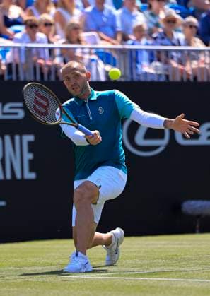 23rd June 2025; Devonshire Park, Eastbourne, East Sussex, England; Lexus International Eastbourne, Day 1; Daniel Evans (GBR) plays a forehand shot against Miomir Kecmanovic (SRB)  ActionPlus12804762 HongboxChen