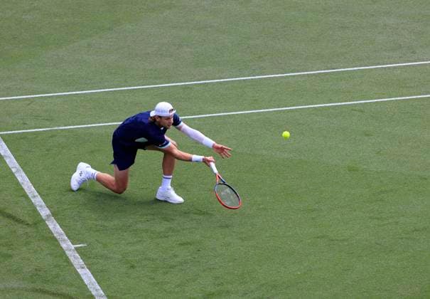 23rd June 2025; Devonshire Park, Eastbourne, East Sussex, England; Lexus International Eastbourne, Day 1; Zizou Bergs (BEL) plays a forehand shot against Joao Fonseca (BRA)  ActionPlus12804735 HongboxChen