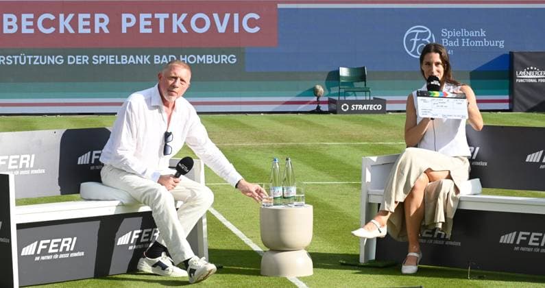 23.06.2025 Bad Homburg OPEN 2025 Tennis Damen Turnier WTA, Tennis Damen Boris Becker startet Podcast mit Co-Moderatorin Andrea Petkovic auf dem Center Court von Bad Homburg