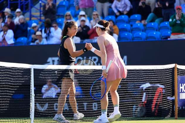 23rd June 2025; Devonshire Park, Eastbourne, East Sussex, England; Lexus International Eastbourne, Day 1; Lulu Sun (NZL) shakes hands with Daria Kasatkina (AUS) after the match  ActionPlus12804830 HongboxChen